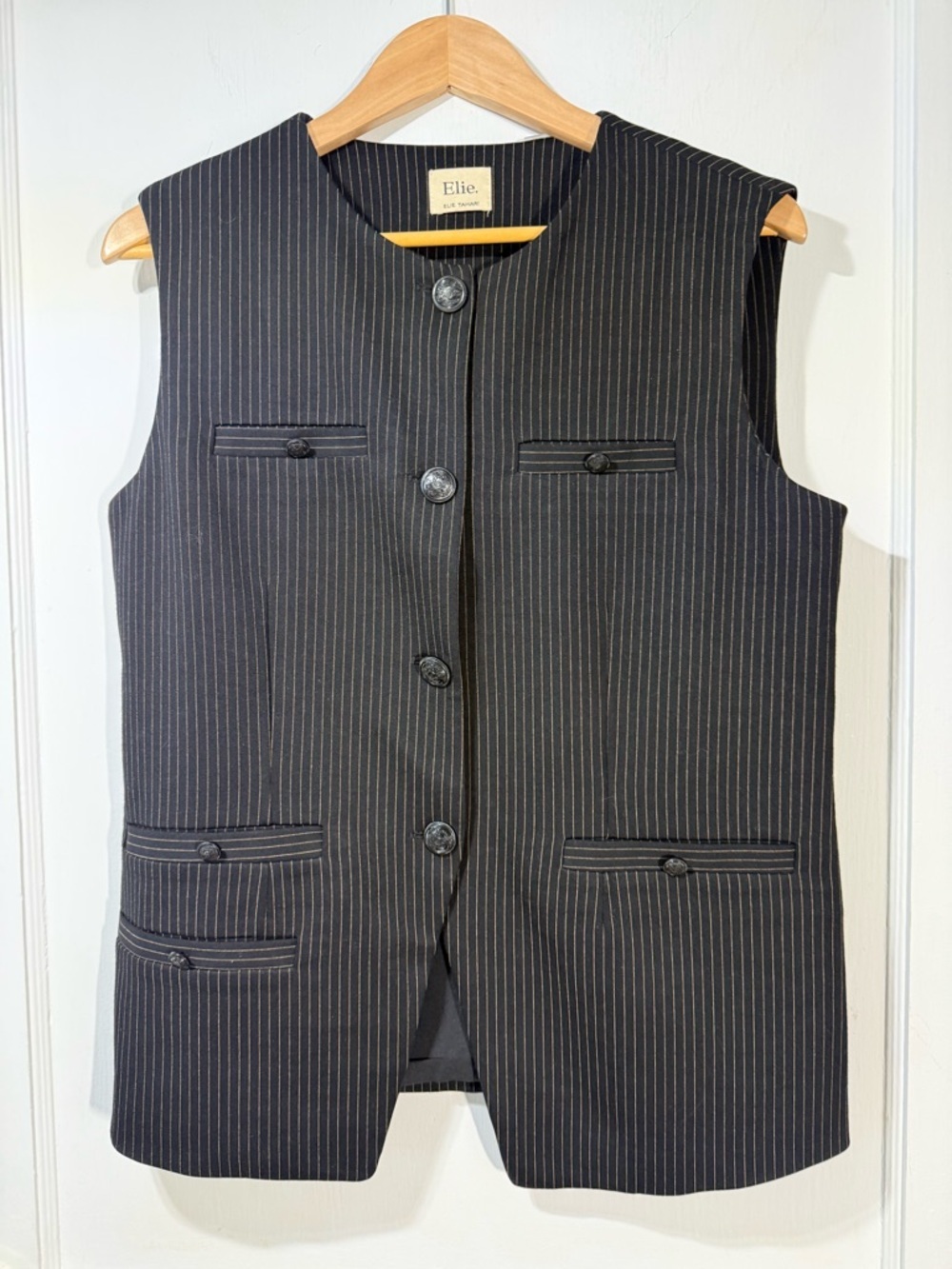 Elie Tahari Black and Gold Pinstripe Vest
